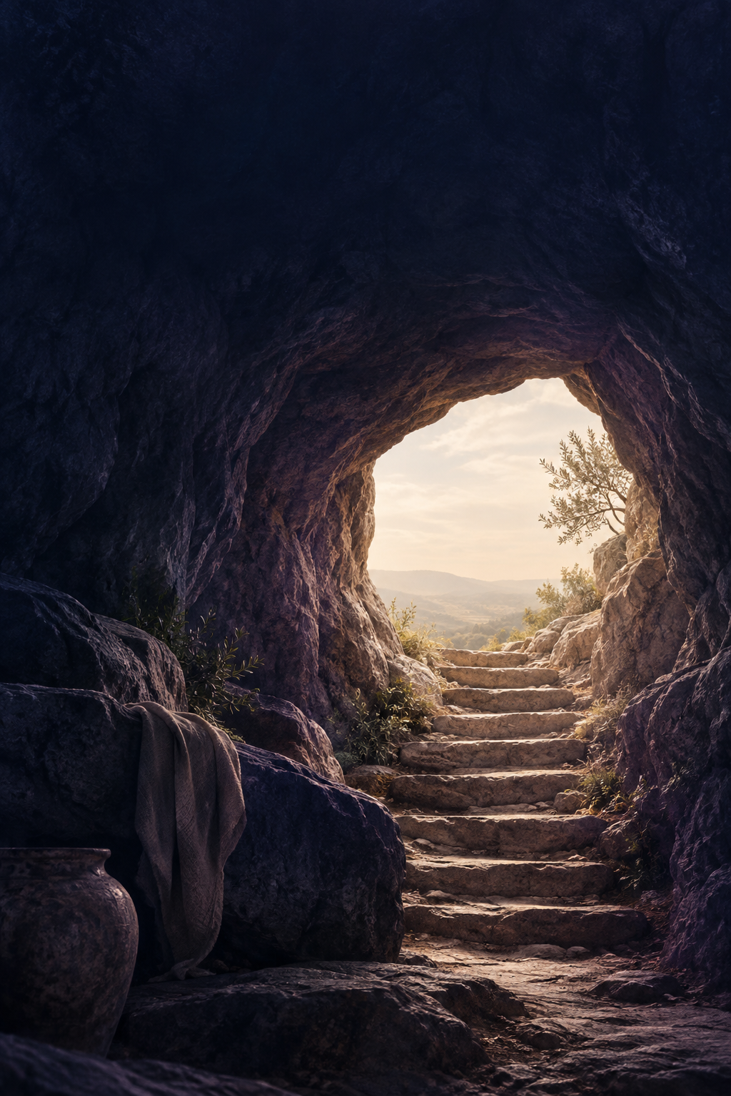 Daylight reaching into an indigo cave, with a stone path leading towards the opening