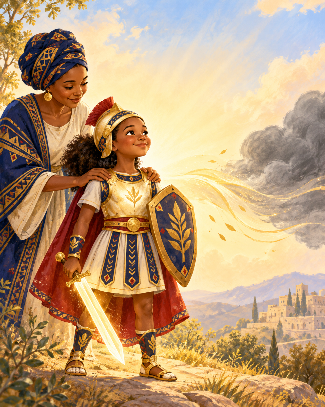 A girl in imaginative armor stands with her mother as a worry cloud recedes