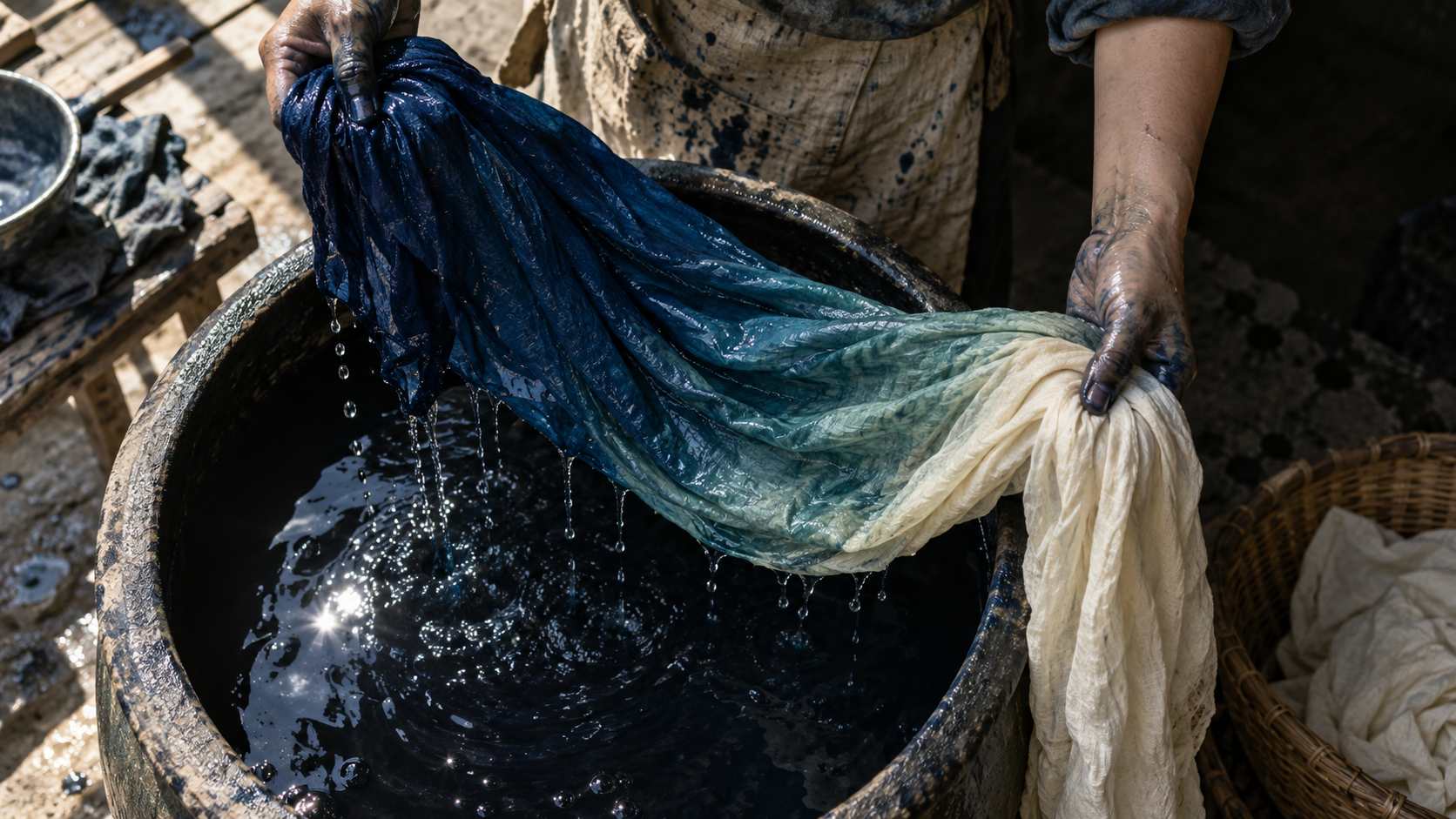 Dye-stained hands lift indigo-blue and undyed linen from a dye vat